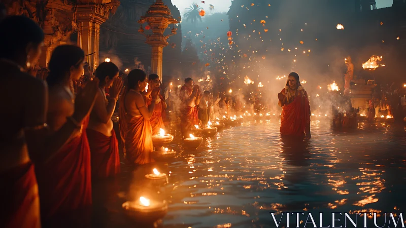 Ritual river procession under firelit temple sky at dusk.