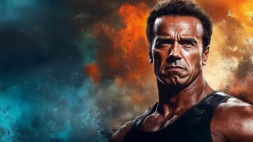 Smoldering action hero stands strong against fiery sky