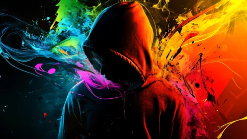 Hooded silhouette dissolving into neon explosive color field.