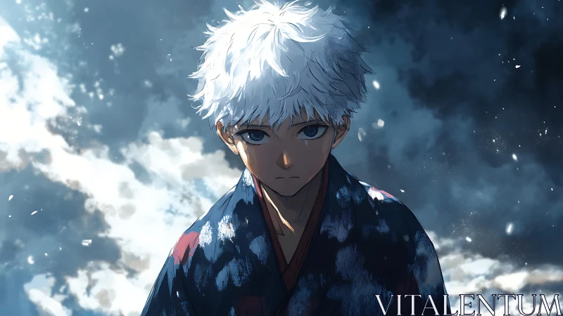 White haired anime youth in patterned robe under cloudy sky.