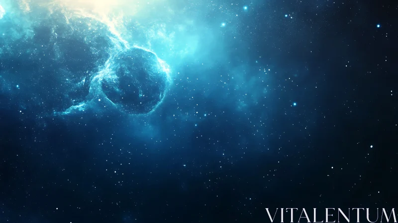 Luminous blue nebula clouds glow across the deep cosmos.