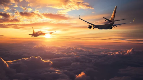 Twin commercial jets cruising through radiant sunset clouds.
