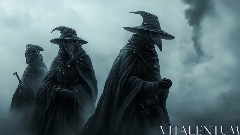 Three plague doctor figures stand in dense atmospheric fog