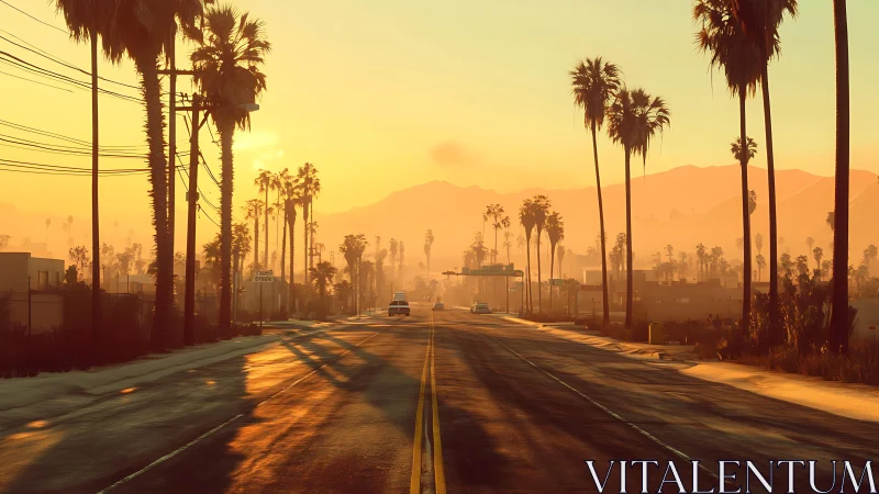 Golden sunset highway welcomes a calm palm-lined evening drive
