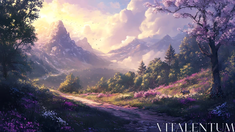 Backlit alpine valley path under volumetric clouds and bloom lighting
