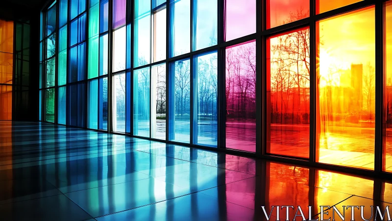 Rainbow glass facade bathes a modern interior in shifting light