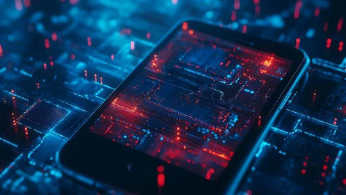 Glowing smartphone circuitry merges with futuristic motherboard.