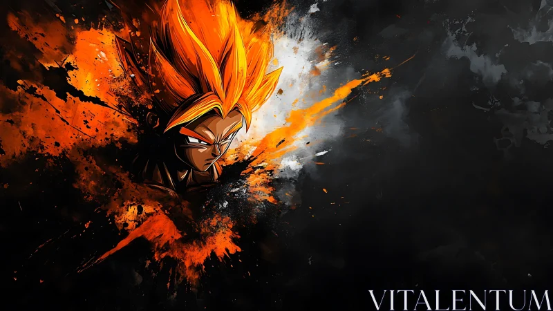 Blazing anime warrior bursting through in vivid flames.