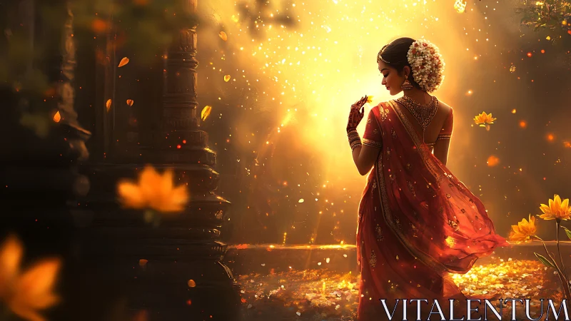Woman in red sari stands before bright backlit temple portal