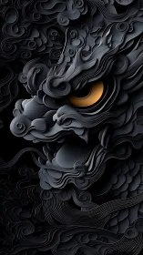 Ebony layered dragon relief with glowing amber eye profile.