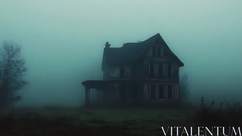 Abandoned Victorian house shrouded in dense blue fog.