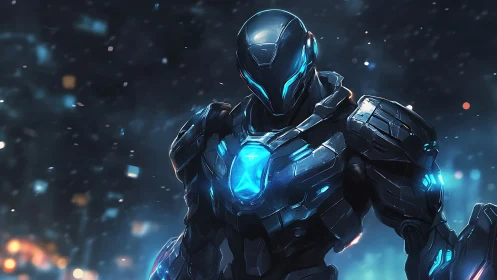 Futuristic armored hero stands ready in glowing city night