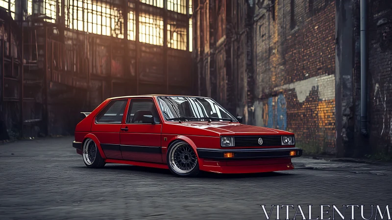 Stanced red VW Golf Mk2 in derelict industrial alley at dusk