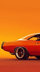 Retro muscle car rear profile rendered in saturated orange