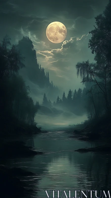 Moonlit river drifts through misty forest in quiet magic