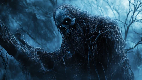Nightmarish root-covered forest creature with glowing eyes.