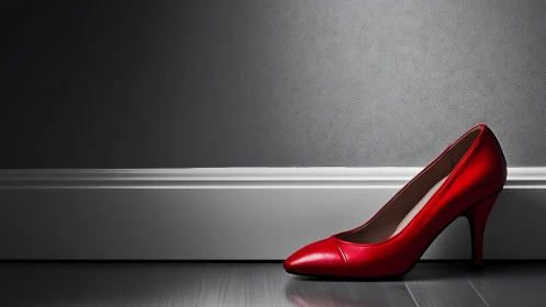 Elegant red high heel shoe against minimalist gray wall background.