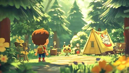 Stylized forest campsite scene renders child and mascot encounter