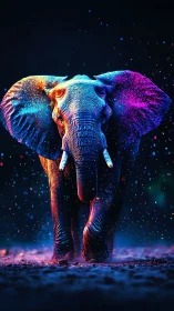 Neon-dusted elephant strides through vibrant cosmic dusk.