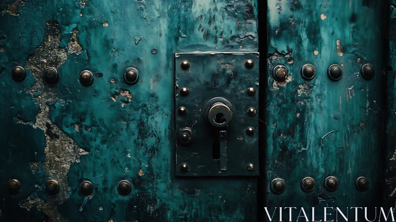 Weathered teal metal door with central keyhole lock.