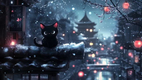 Snowy rooftop kitten gazes over lantern-lit night cityscape.