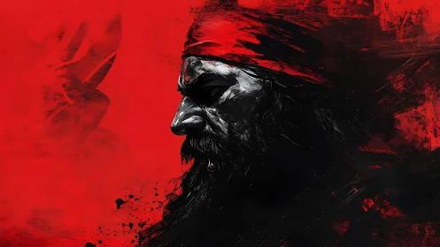 Crimson negative-space portrait of battle-worn bearded warrior.
