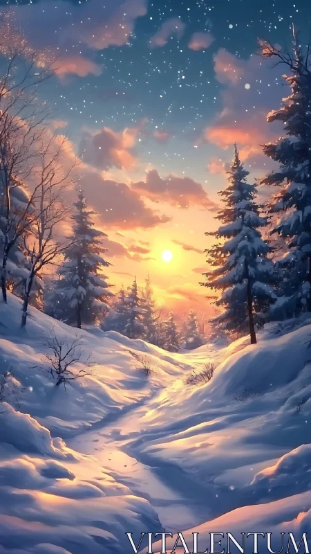 Snow-covered forest path is illuminated by low winter sun