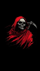 Grim reaper skull in red cloak with high-contrast vector rendering
