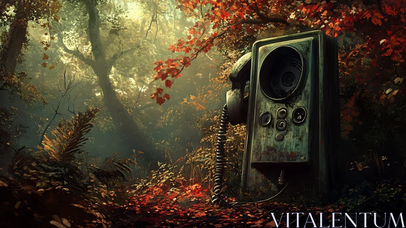 Analog forest intercom monolith contrasts with autumn canopy