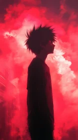 Silhouetted anime boy stands within burning crimson haze.