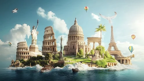 Composite island of global landmarks above calm water surface.