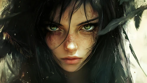 Forest-eyed huntress surfaces from a storm of black feathers