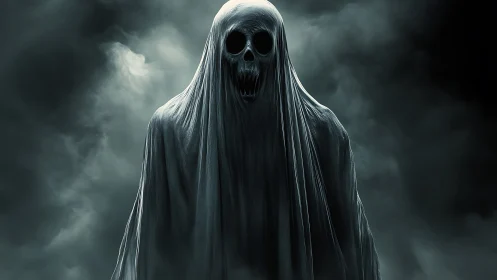 Grim hooded ghost with skull face in dense swirling fog.