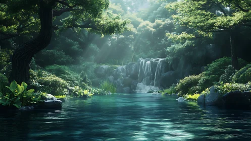 Luminous Forest Waterfall Cascading Into Turquoise Pool