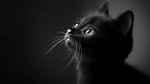 Black cat with pale eyes gazing upward in monochromatic studio composition.