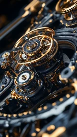 Mechanical watch movement with polished gold gear detail.
