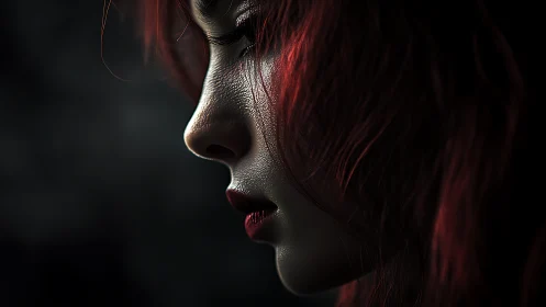 Shadow-kissed profile of a red-haired woman in quiet firelight.