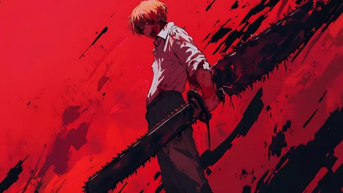 Blood-soaked swordsman grips dual chainsaws in red void.