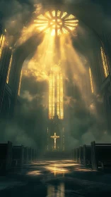 Sunlit cathedral nave where golden clouds kiss the cross.