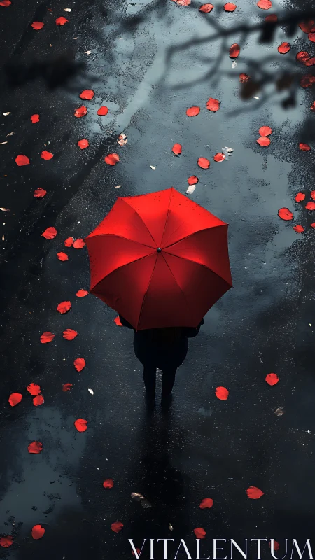 Solitary figure with red umbrella stands on wet asphalt