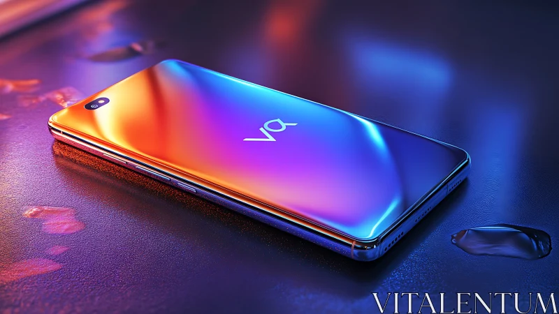 Gradient-finished smartphone lies on reflective wet surface