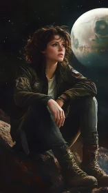 Solitary spacefarer rests beneath a distant alien moon