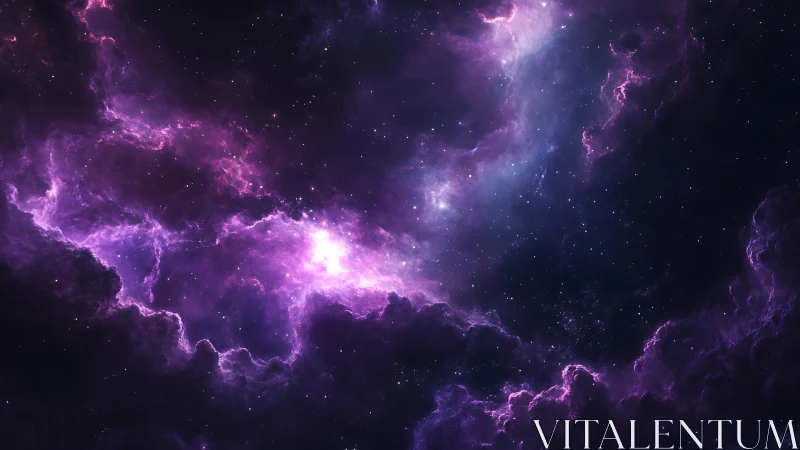 Violet cosmic nebula with glowing stellar core and dust clouds.