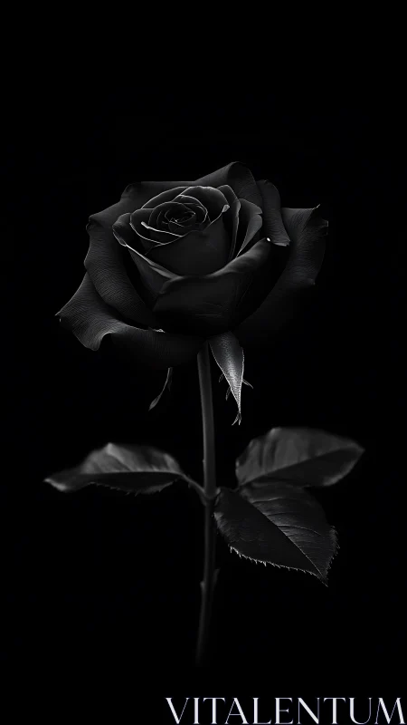 Monochrome black rose study in dramatic low key lighting.