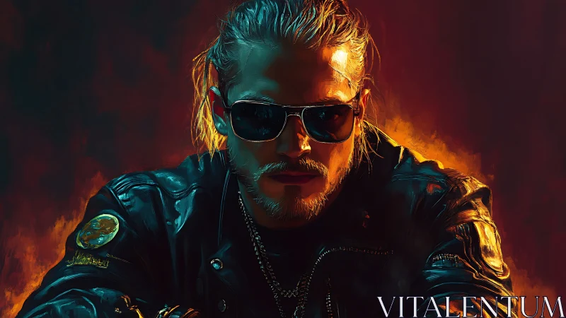 Lone biker in leather jacket glares through burning shadows.