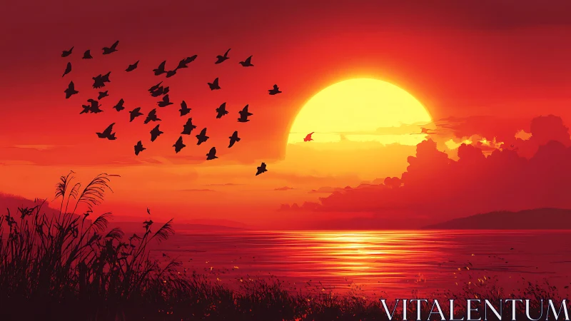 Fiery red sunset over calm water with flock of birds.