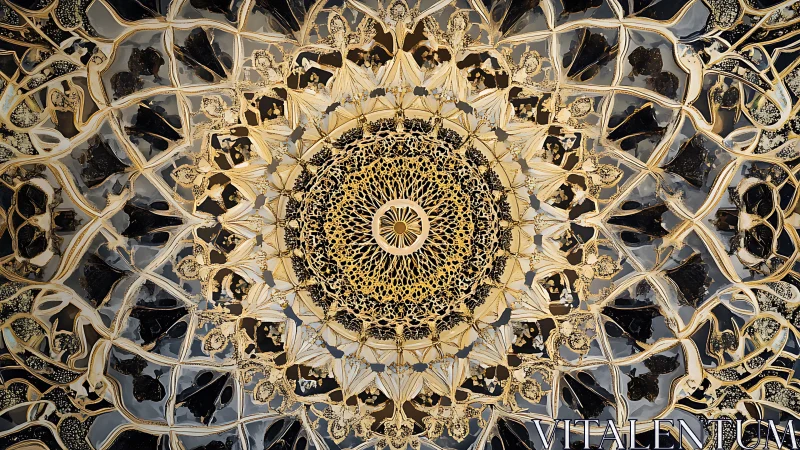 Intricate circular mandala with gold and black symmetry.