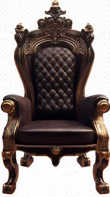 Ornate black and gold royal throne chair front view.