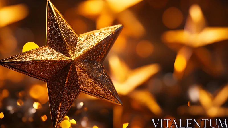 Glistening golden star ornament in festive bokeh glow.