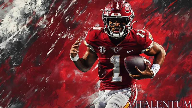 American football player running with ball on red field